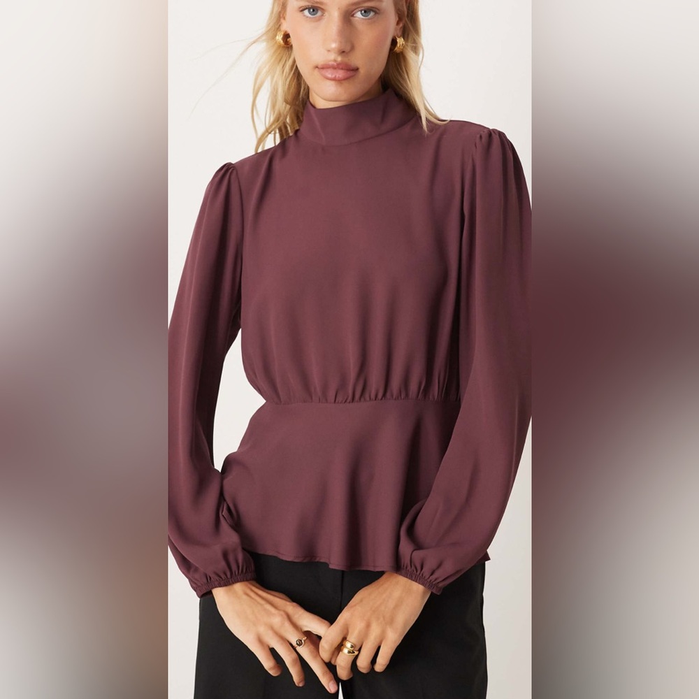 ASOS design high neck sleeve peplum blouse in plum